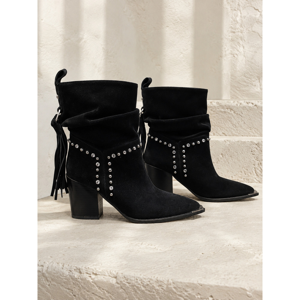 VENUS Women’s 6M Black Fringe Rhinestone Studded Pointed Toe Ankle Boots - Picture 2 of 10